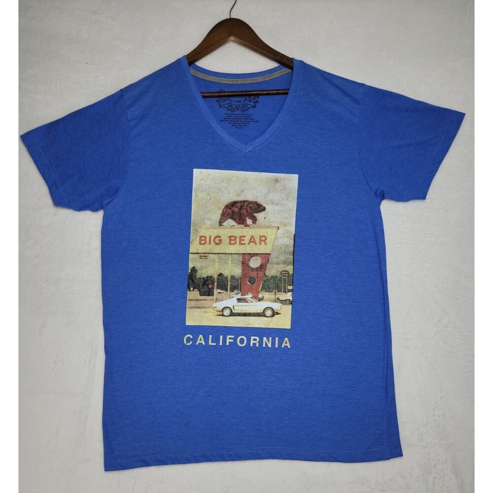 Navy Club Big Bear California Shirt Mens XL Blue V-Neck Retro Mustang Graphic Te